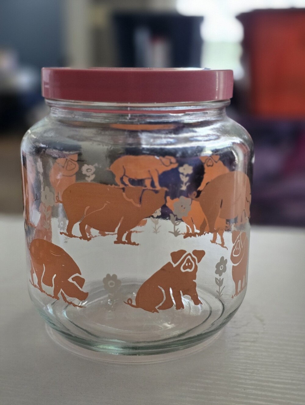 Vintage AGC Pink Pig Pattern Clear Glass Canister Jar Screw Lid A-65